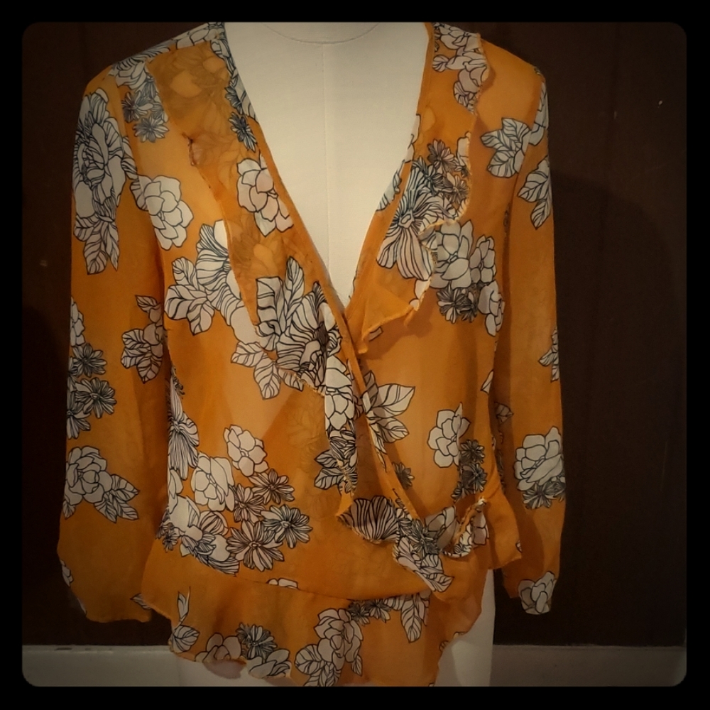 See through yellow floral folded blouse